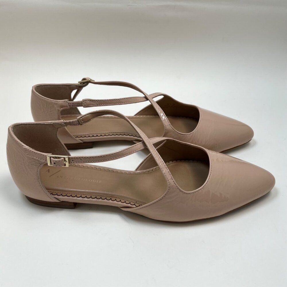 Anthropologie Leather Cross Strap Ballet Flat Shoes Patent Nude Neutral Size 8.5 - Picture 2 of 7